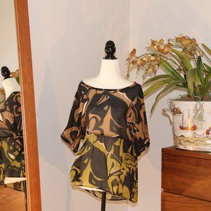 Oversized Sheer Black Marc Cain Top with Brown and Green Floral Pattern